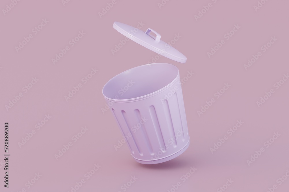 3D Opens Purple Trash floating icon isolated on pink pastel background, environment garbage concept, waste. minimal cartoon design 3d icon symbol.3D Rendering. Banner, a place for text, copy space. 3D Opens Purple Trash floating icon isolated on pink pastel background, environment garbage concept, waste. minimal cartoon design 3d icon symbol.3D Rendering. Banner, a place for text, copy space.