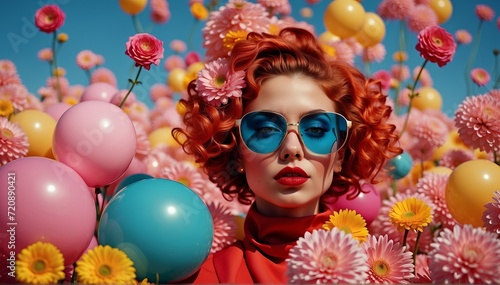 Woman with Red Hair, Blue Sunglasses, and Colorful Surroundings.