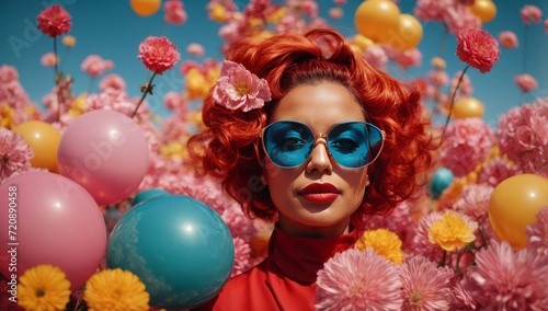 Woman with Blue Sunglasses in a Field of Colorful Flowers and Balloons.