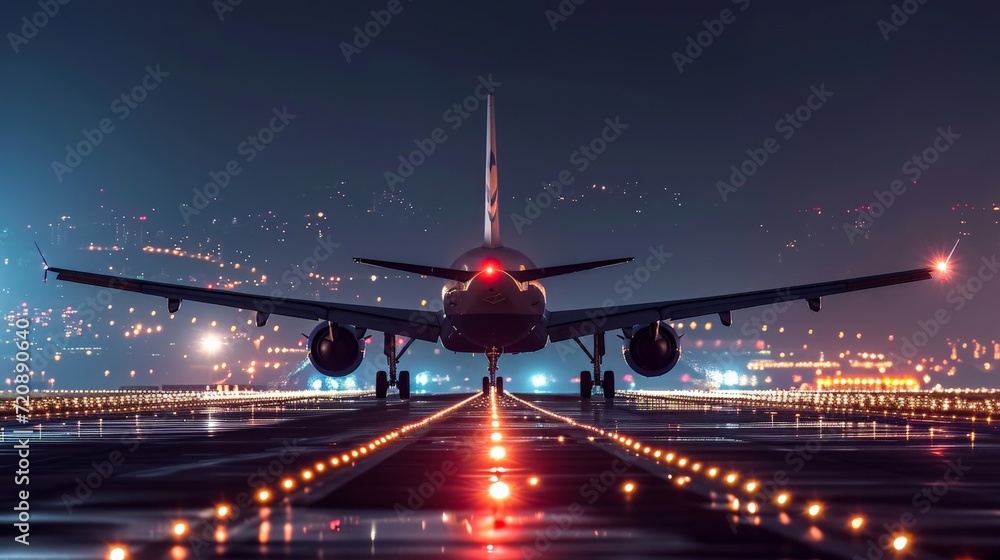 Passenger Airplane take off from runways at night