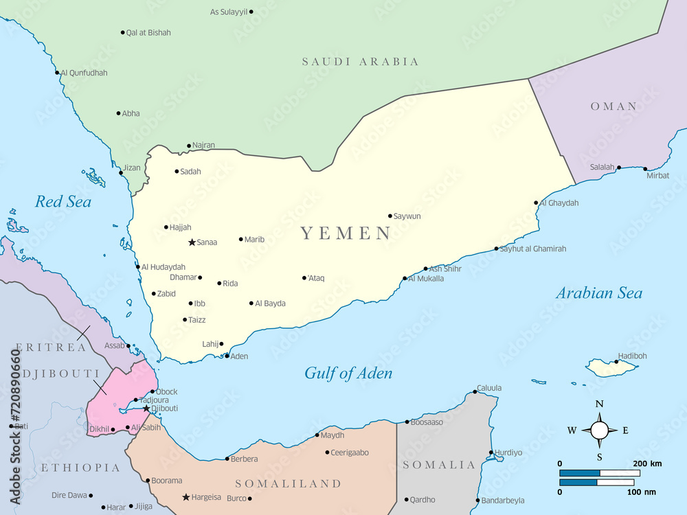 Colorful political map of Yemen and surrounding countries.