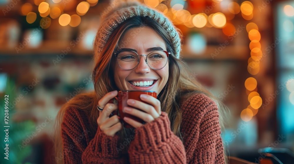 Portrait of joyful young woman enjoying a cup of coffee at home. Smiling pretty girl drinking hot tea in winter. Excited woman wearing spectacles and sweater and laughing in an autumn day. Portrait of joyful young woman enjoying a cup of coffee at home. Smiling pretty girl drinking hot tea in winter. Excited woman wearing spectacles and sweater and laughing in an autumn day.