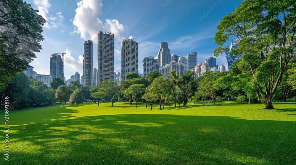 Public park and high-rise buildings cityscape in metropolis city center. Green environment city and downtown business district in panoramic view Public park and high-rise buildings cityscape in metropolis city center. Green environment city and downtown business district in panoramic view