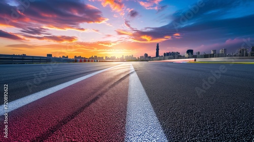 Race track road and bridge with city skyline at sunset