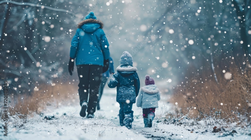 Rear view of family with two small children in winter nature, walking in the snow. Rear view of family with two small children in winter nature, walking in the snow.