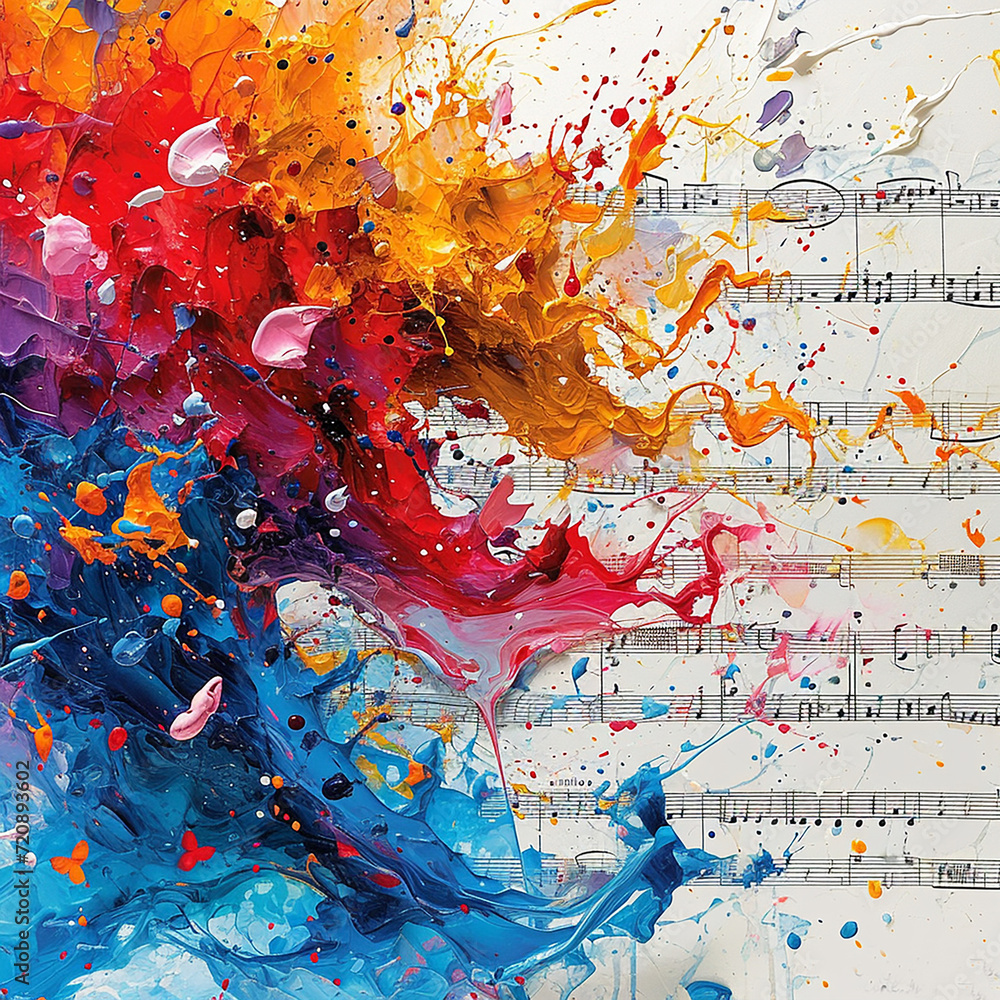 A piece of music splashed with vibrant paint