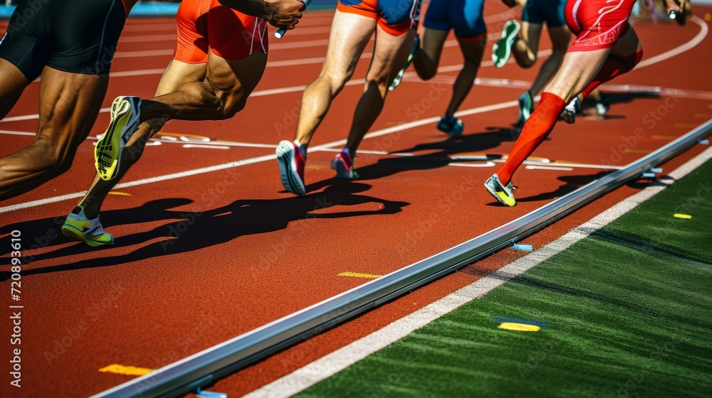 Fototapeta premium Relay runners passing batons on track