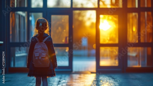 Small girl goes to preparatory school looking at illuminated windows in evening. Nervous preschooler walks to preparatory form for first time in back lit, copy space