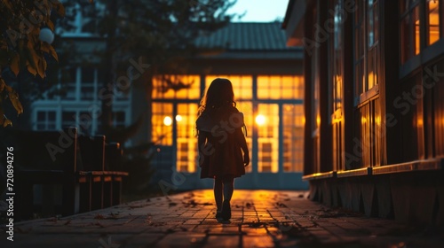 Small girl goes to preparatory school looking at illuminated windows in evening. Nervous preschooler walks to preparatory form for first time in back lit, copy space