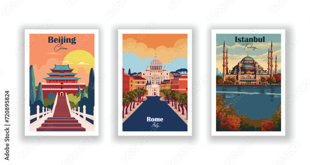 Beijing, China. Istanbul, Turkey. Rome, Italy. Vintrage travel poster. Wall Art and Print Set for Hikers, Campers, and Stylish Living Room Decor.