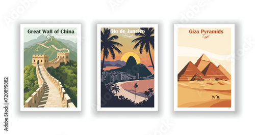 Giza Pyramids. Great Wall of China. Rio de Janeiro, Brazil. Vintrage travel poster. Wall Art and Print Set for Hikers, Campers, and Stylish Living Room Decor. photo