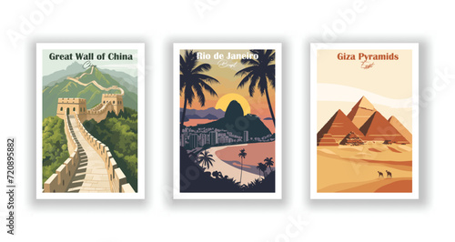 Giza Pyramids. Great Wall of China. Rio de Janeiro, Brazil. Vintrage travel poster. Wall Art and Print Set for Hikers, Campers, and Stylish Living Room Decor.