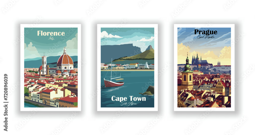 Cape Town, South Africa. Florence, Italy. Prague, Czech Republic. Vintrage travel poster. Wall Art and Print Set for Hikers, Campers, and Stylish Living Room Decor. - obrazy, fototapety, plakaty 
