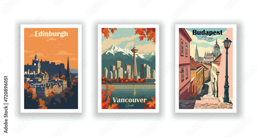 Budapest, Hungary. Edinburgh, Scotland. Vancouver, Canada. Vintrage travel poster. Wall Art and Print Set for Hikers, Campers, and Stylish Living Room Decor.