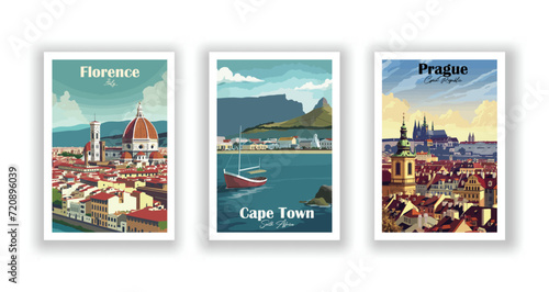Cape Town, South Africa. Florence, Italy. Prague, Czech Republic. Vintrage travel poster. Wall Art and Print Set for Hikers, Campers, and Stylish Living Room Decor. photo