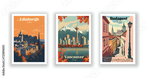 Budapest, Hungary. Edinburgh, Scotland. Vancouver, Canada. Vintrage travel poster. Wall Art and Print Set for Hikers, Campers, and Stylish Living Room Decor. photo