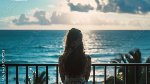 Tableau sur toile Woman looking at ocean from balcony