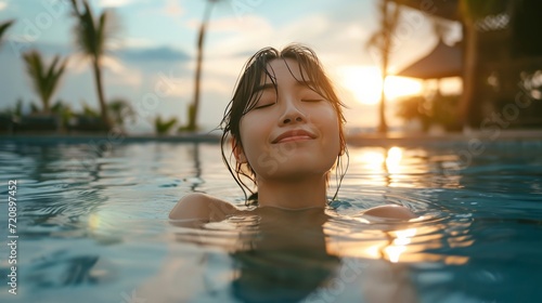 Young asian woman relaxing in swimming pool at spa resort.relaxing concept.