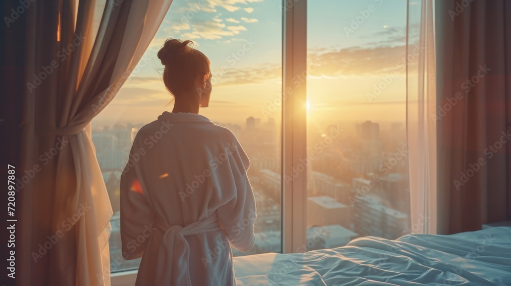 Young woman in bathrobe wake up in modern bedroom open curtains enjoy good morning. Female awake at home or hotel sun shines on her from the big window and city scenery in the window. Young woman in bathrobe wake up in modern bedroom open curtains enjoy good morning. Female awake at home or hotel sun shines on her from the big window and city scenery in the window.