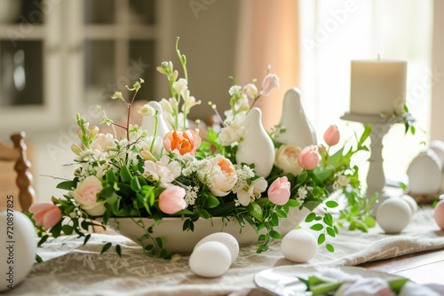 Easter centerpiece on the dining room table with pastel colored flowers and colored eggs