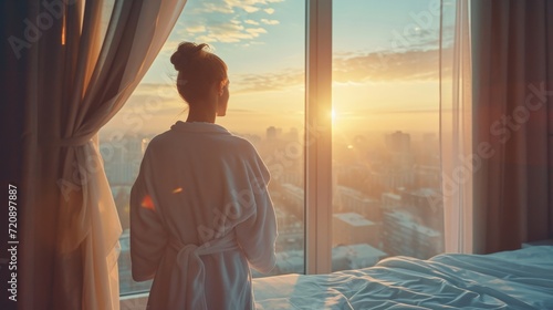 Young woman in bathrobe wake up in modern bedroom open curtains enjoy good morning. Female awake at home or hotel sun shines on her from the big window and city scenery in the window. photo