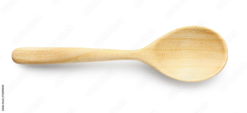 One empty wooden spoon isolated on white, top view One empty wooden spoon isolated on white, top view