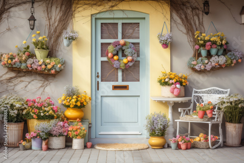 Cute and cozy colorful house decorated for Easter, front porch with spring flowers and colored Easter eggs