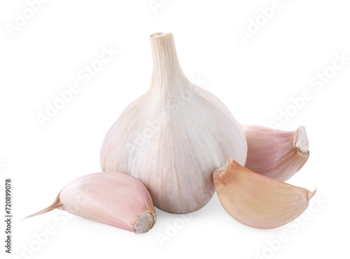 Head of fresh garlic and cloves isolated on white
