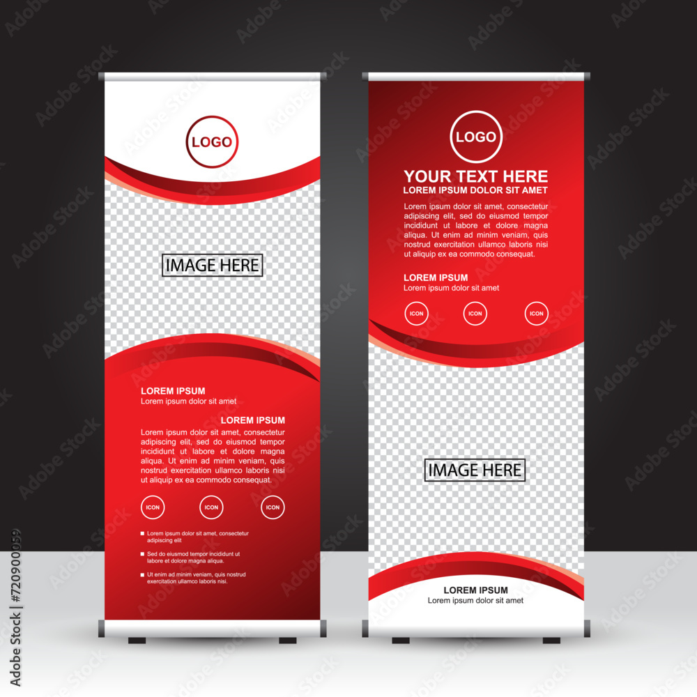 Red and white theme Roll Up Banner template, standing banner design, advertisement, flyer and display. Vector Design. Red and white theme Roll Up Banner template, standing banner design, advertisement, flyer and display. Vector Design.