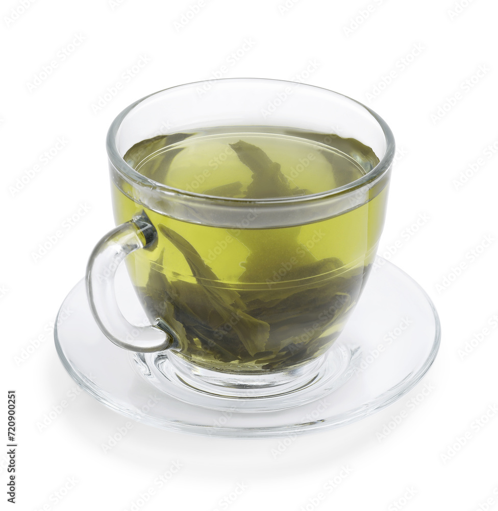 Fresh green tea in glass cup, leaves and saucer isolated on white Fresh green tea in glass cup, leaves and saucer isolated on white