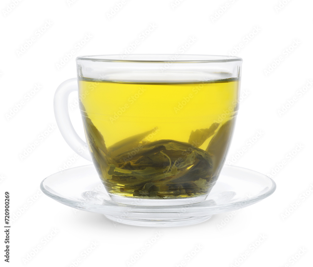 Fresh green tea in glass cup, leaves and saucer isolated on white
