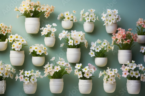 Spring flowers in white pots hanging on a pastel background, daffodils and peonies
