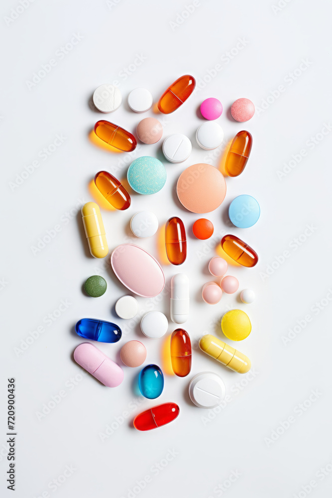 Varity of pills and medicine tablets and capsules on white, medication and overmedication problem concept Varity of pills and medicine tablets and capsules on white, medication and overmedication problem concept