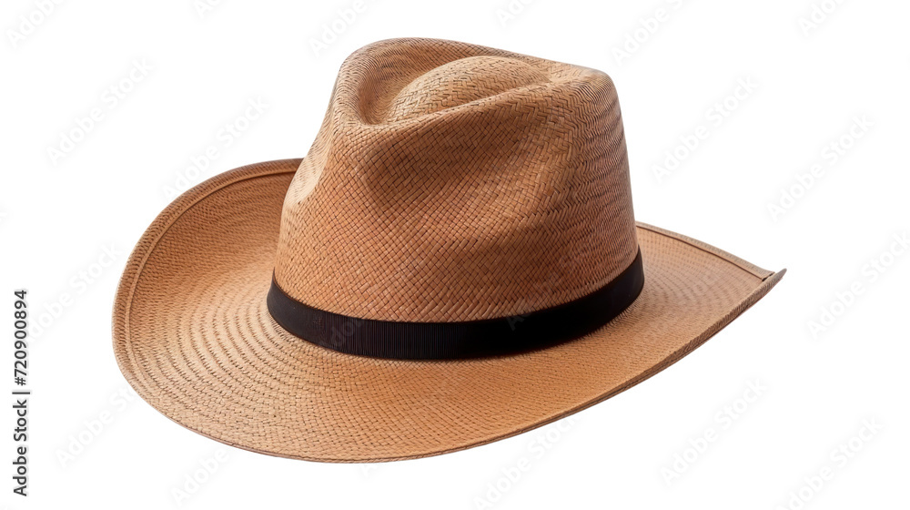 Brown wide brim straw hat with white scree isolate on white background. Brown wide brim straw hat with white scree isolate on white background.