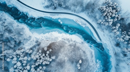 Aerial top view of snow road in the winter time and a blue river