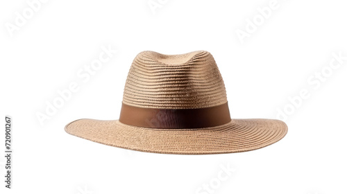 Brown wide brim straw hat with white scree isolate on white background.