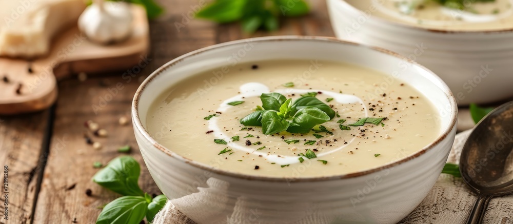 Deliciously Creamy Soup in a White Bowl on a Background of Pure Elegance