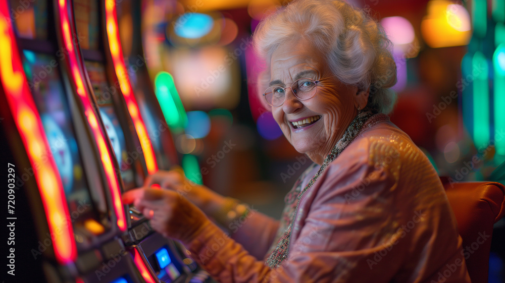 Joyful Senior Woman at the Slot Machine