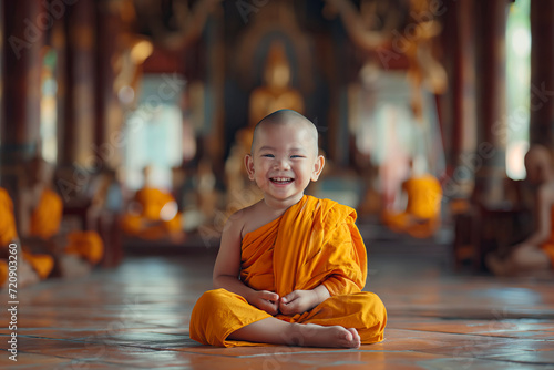 Portrait of smiling Buddhist monk baby sitting in lotus pose in temple photo