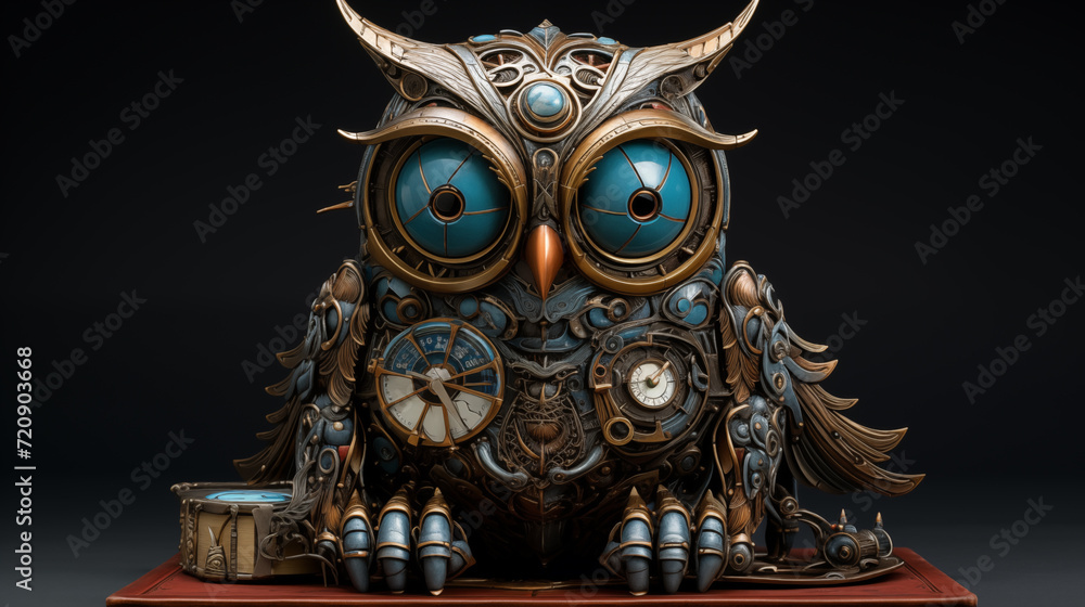 Fototapeta premium Mechanical Metal Bronze Owl sitting on a Book