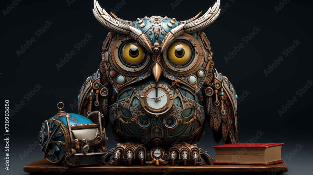 Fototapeta premium Mechanical Metal Bronze Owl sitting on a Book