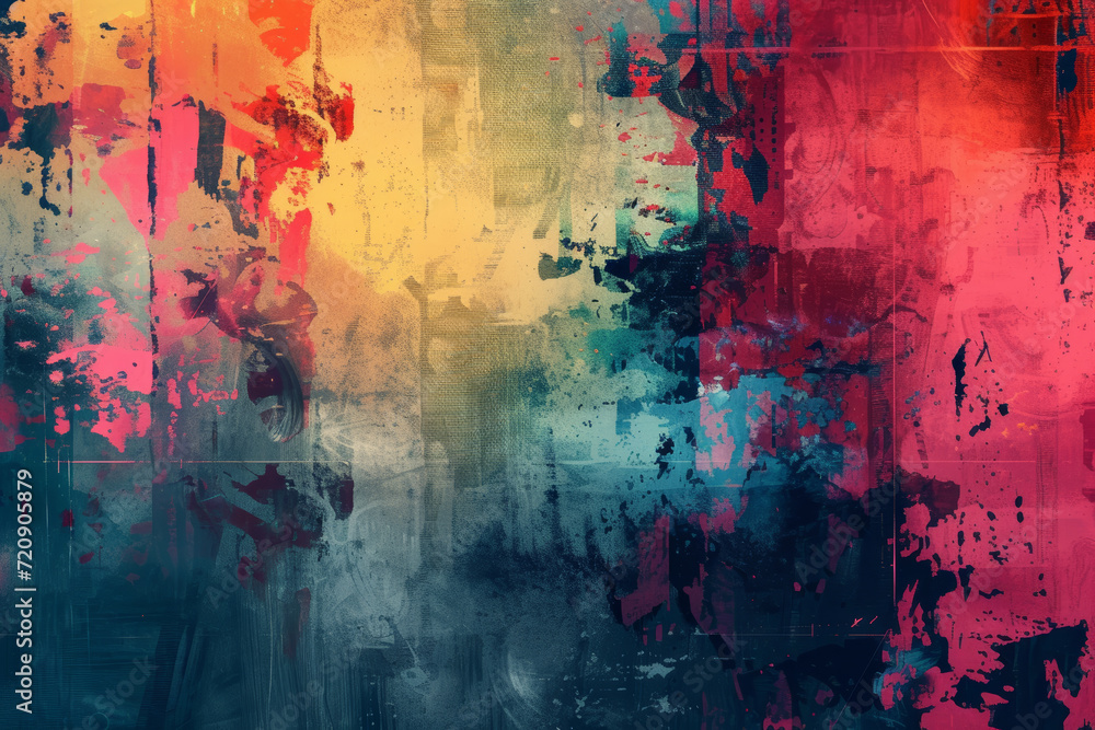 Obraz premium Abstract grunge-style canvas painting with a dynamic blend of red, blue, and golden brushstrokes and splatters.