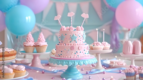 sweet pastel pink birthday cake with candles for birthday background, card, poster