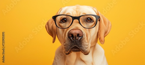 Intelligent dog wearing black glasses on vibrant yellow background with space for text © Ilja
