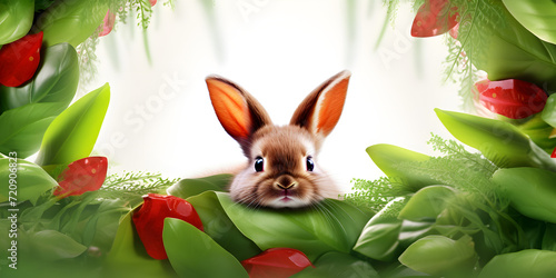 easter bunny with tulips flowers  Easter rabbit  Easter bunny with painted eggs hiding in the grass on a white background.