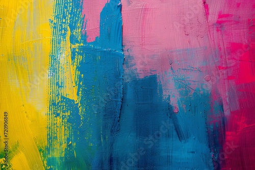 Abstract painting with bright yellow, blue, and pink acrylic brushstrokes on canvas creating a vibrant texture.