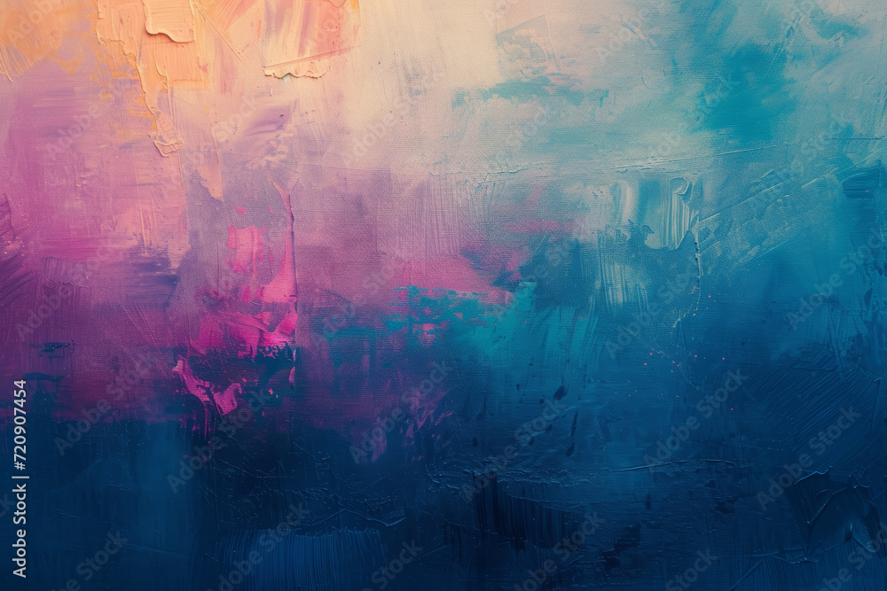 Abstract painting featuring a harmonious blend of pink, blue, and peach hues with expressive brushstrokes on a canvas.