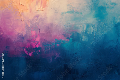 Abstract painting featuring a harmonious blend of pink  blue  and peach hues with expressive brushstrokes on a canvas.