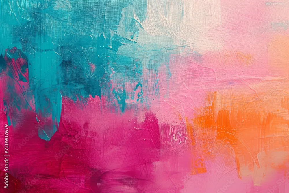 A vivid abstract canvas painting with energetic strokes of turquoise, pink, and coral blending into a dreamy backdrop.