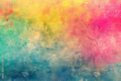 A textured abstract painting with a blur of yellow, blue, and pink colors.